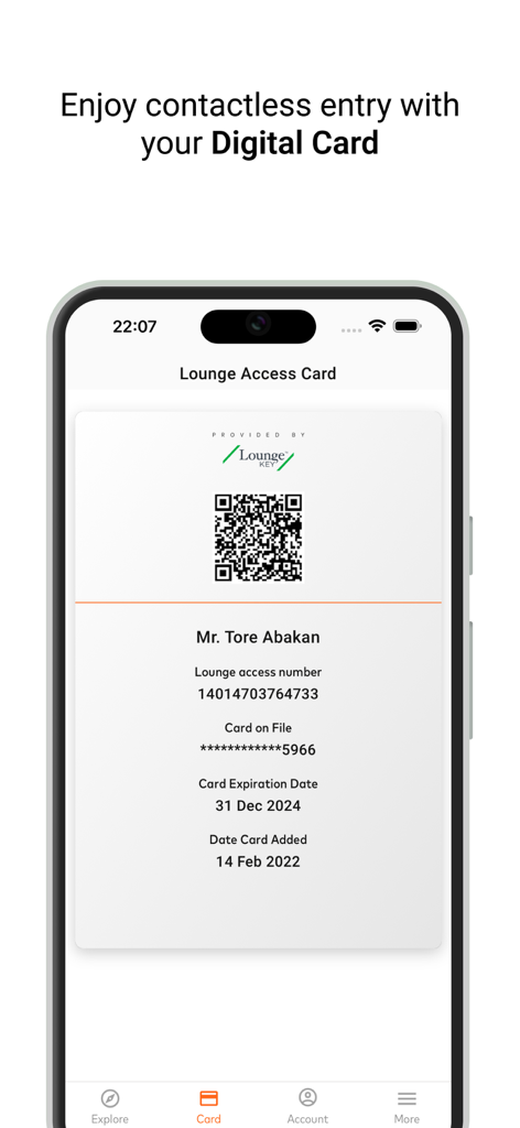 Mastercard Airport Experiences app displaying a digital lounge access card with a QR code for contactless entry