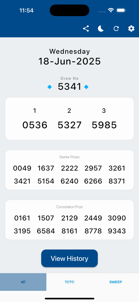 Singapore 4D Toto Results app interface displaying winning lottery numbers for a specific draw