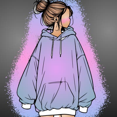 realistic girl with a oversized sweatshirt on and a bun