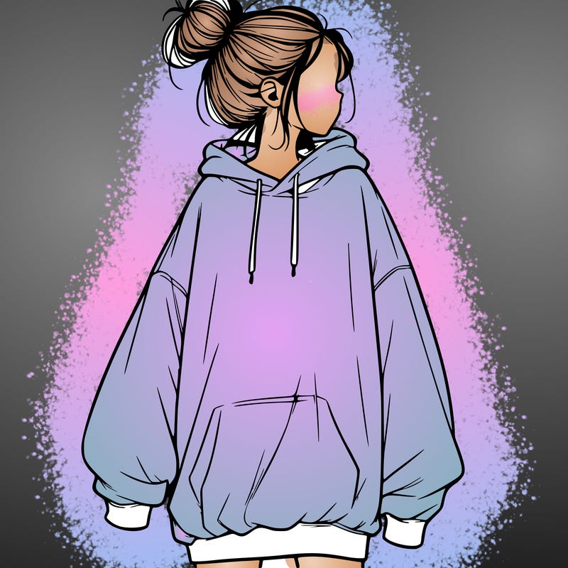 realistic girl with a oversized sweatshirt on and a bun