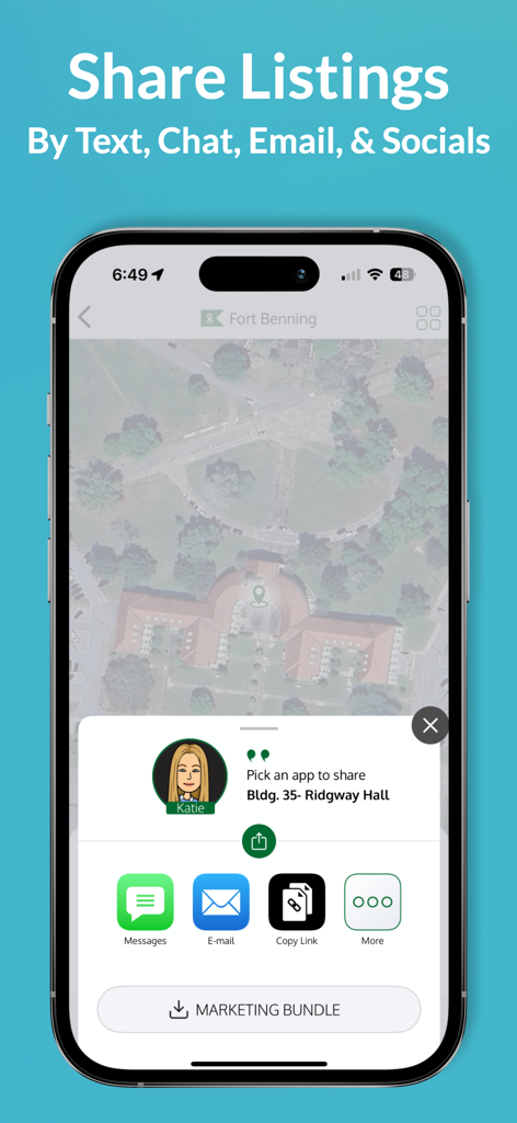 A screenshot of the GuideOn Military app interface showing options to share a specific building location at Fort Benning via messaging and email