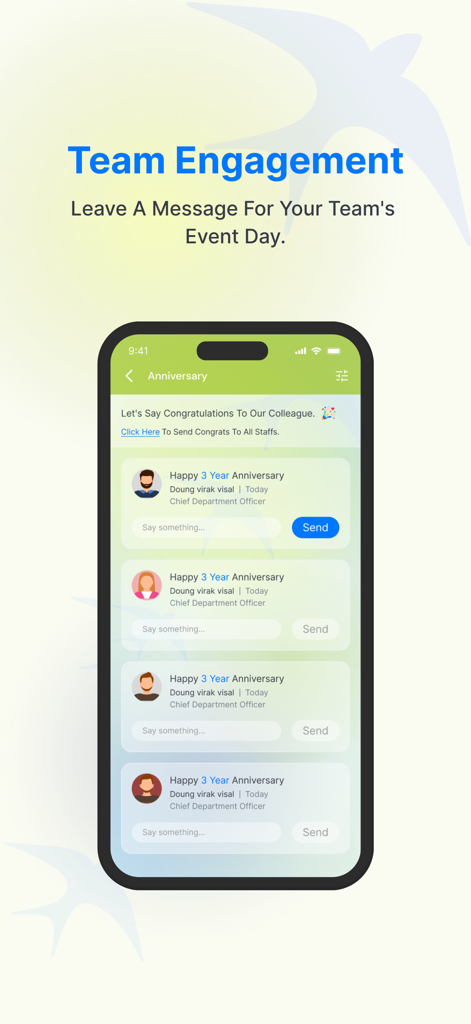 Wing Digital - Wing Digital app screen for team engagement showing work anniversary messages and options to send congratulations