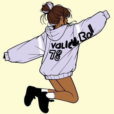 realistic girl jumping with a bun and oversized sweatshirt