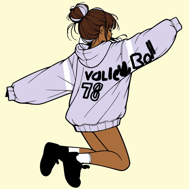 realistic girl jumping with a bun and oversized sweatshirt