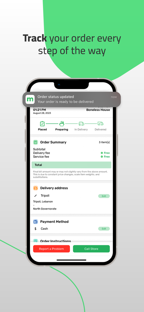 markit app - Interface da aplicação Markit a mostrar o acompanhamento do estado do pedido em tempo real e o resumo para uma entrega em Trípoli, Líbano