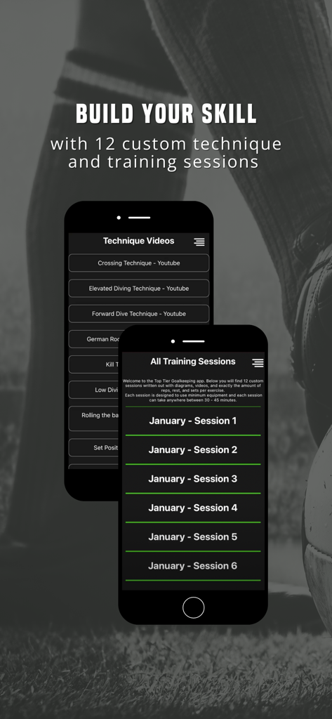 The Goalkeeper App - Oberfläche der Torwart-App, die Listen von Technikvideos und monatlichen Trainingseinheiten für Fußballtorhüter zeigt