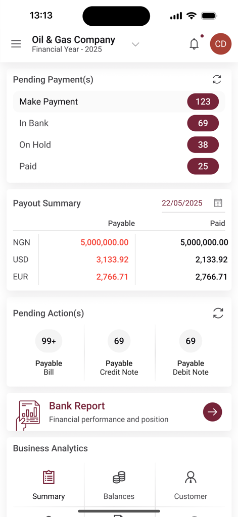 FINAS (Financial Accounting) - Business financial dashboard in the FINAS app displaying payout summaries and pending payments