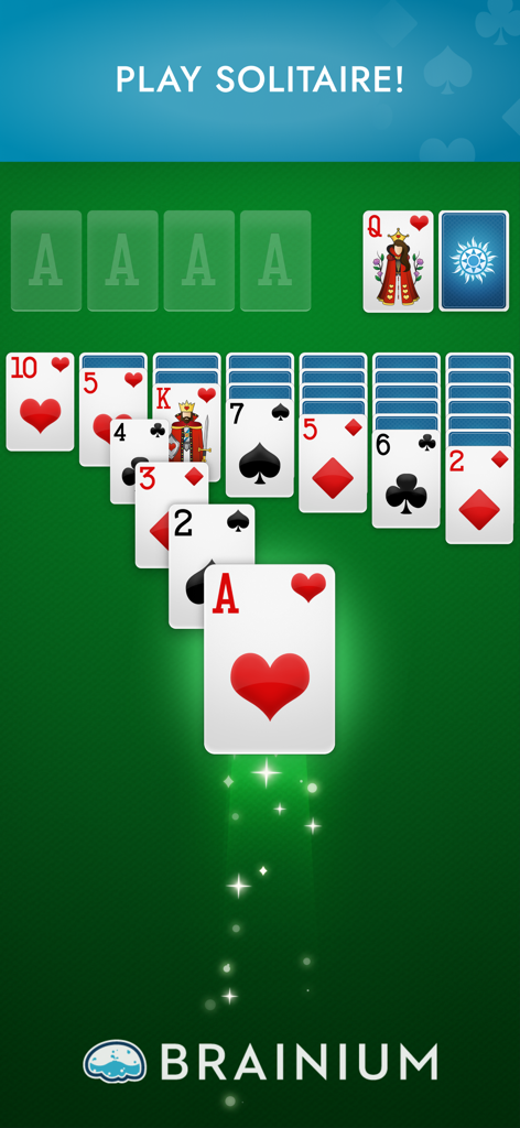 Classic Solitaire card game interface with an Ace of Hearts moving on a green background
