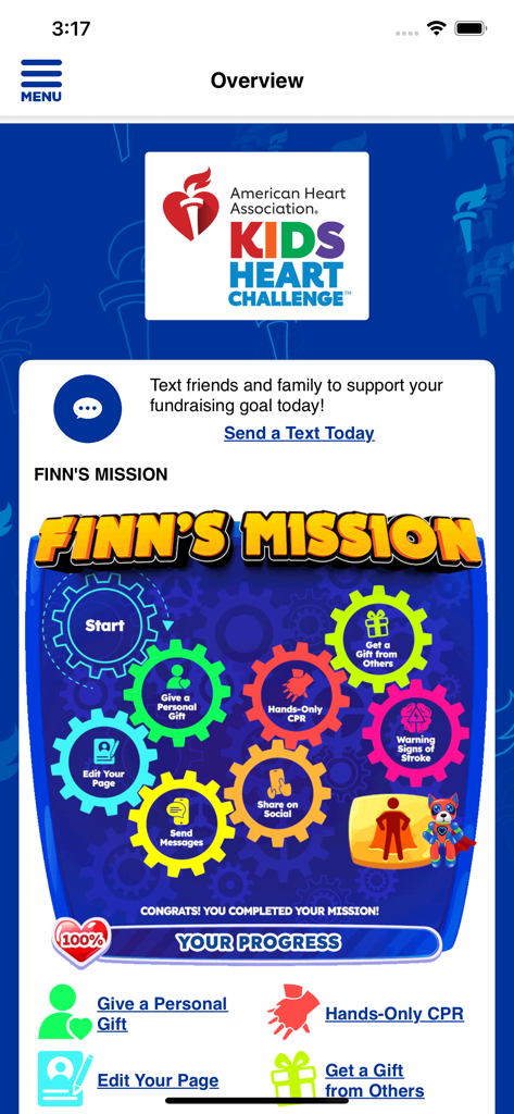 AHA Schools - AHA Schools app overview screen showing Finns Mission and 100 percent progress in the Kids Heart Challenge