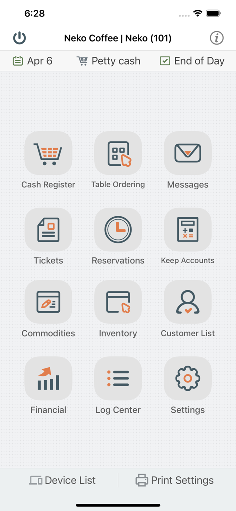 Dashboard of the PosKing app showing icons for cash register table ordering and inventory management