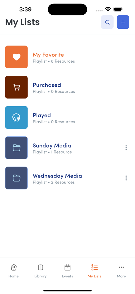 A tela Minhas Listas no aplicativo iCommerce Connect exibindo playlists organizadas para treinamento e recursos de negócios.