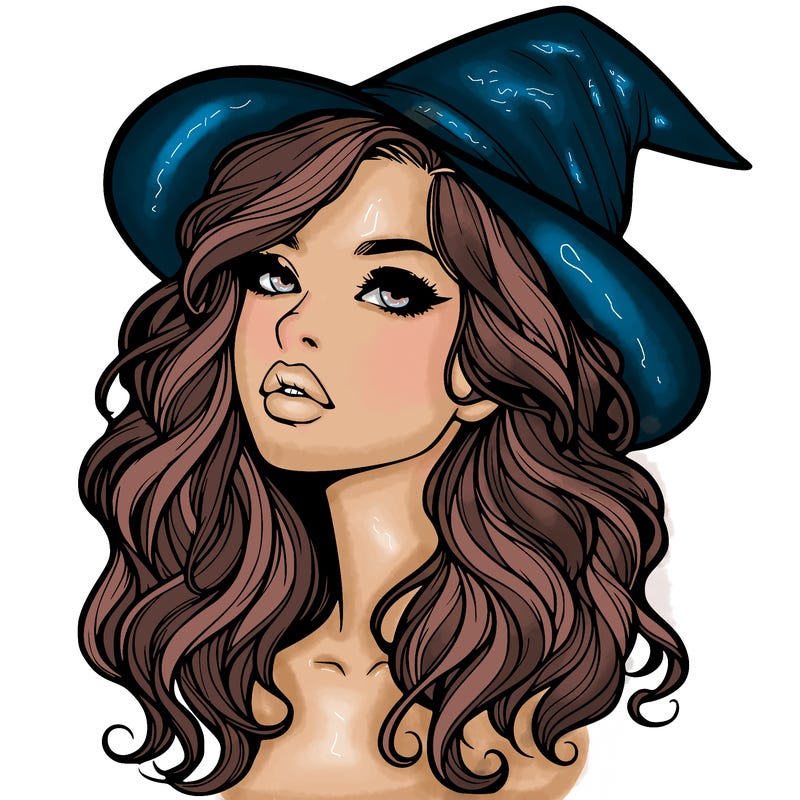 realistic witch girl with wavy hair and lips