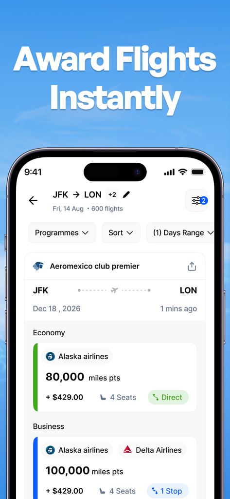 Flightpoints - Award Flights - Flightpoints app interface showing award flight search results with points and miles pricing for economy and business class