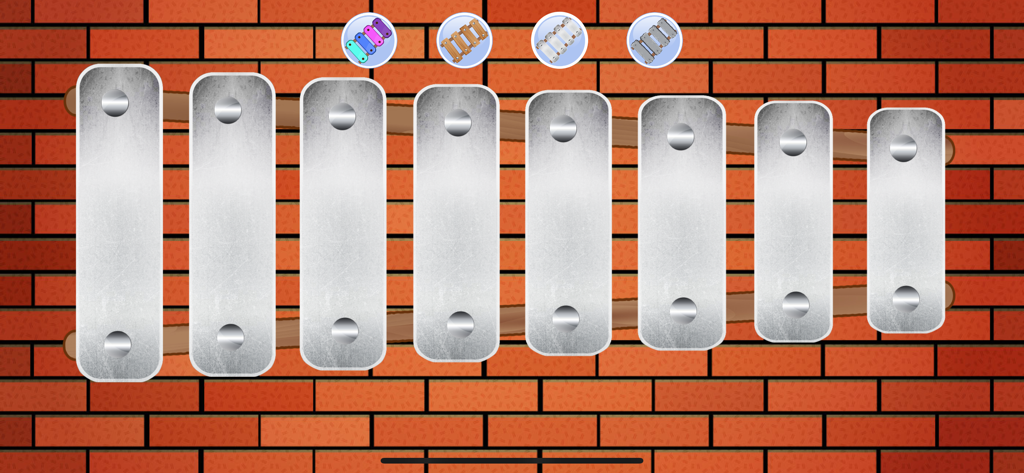 Digital xylophone with silver metallic keys on a red brick wall background