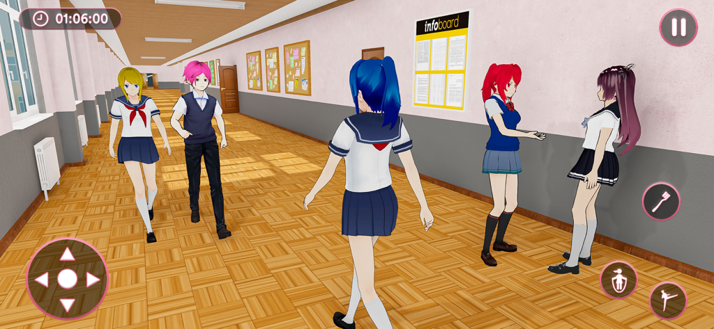 Anime School Girl Simulator - Anime characters interacting in a high school hallway in the Anime School Girl Simulator game