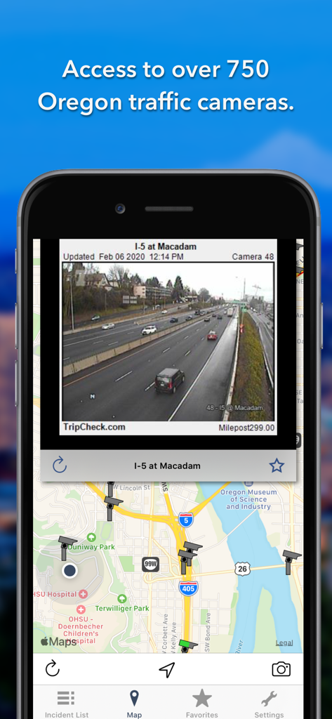 Mobile app interface showing a live traffic camera feed of I-5 at Macadam over a map of Oregon