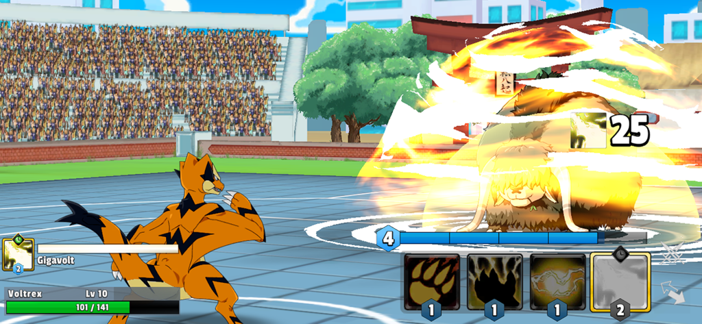 Batalla en tiempo real en Monster Masters EX donde Voltrex usa un movimiento especial en una arena abarrotada.