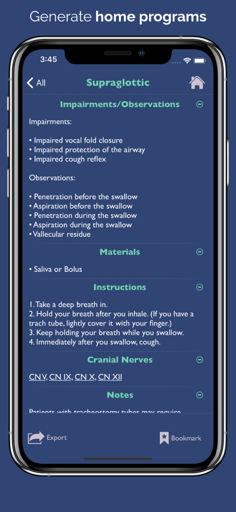 Dysphagia Therapy app showing Supraglottic swallow technique instructions and clinical observations for clinician reference and home programs.