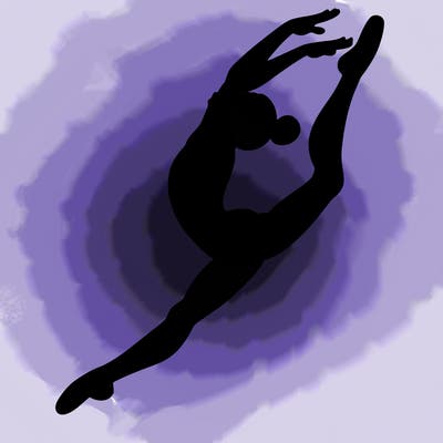 gymnast doing a leap in a leotard with a bent back leg