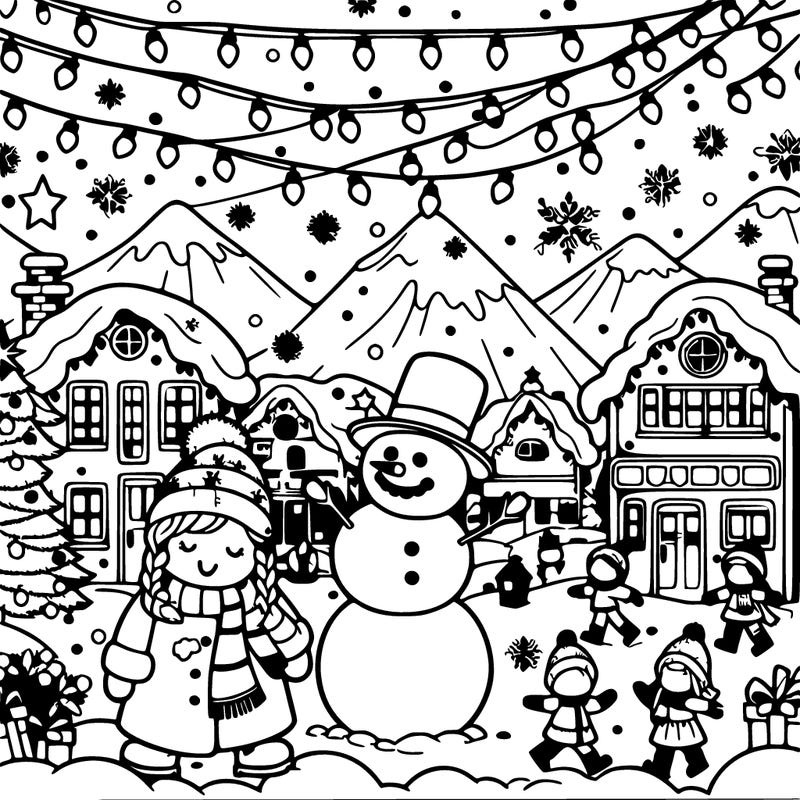 christmas village with lots of lights and snow and children playing and snowman