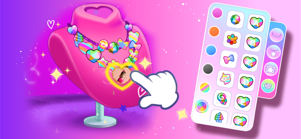A digital necklace maker interface with colorful beads and a personalized photo pendant