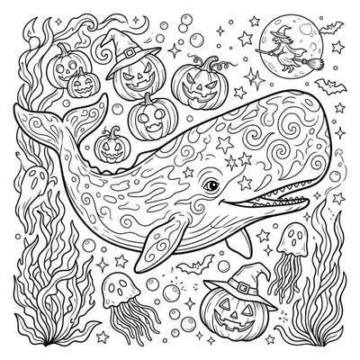 Embark on an unforgettable underwater journey with our Sperm Whale Halloween coloring page, blending marine wonder with spooky seasonal delights. This detailed illustration promises hours of creative fun for all ages, perfect for a unique Halloween celebration.