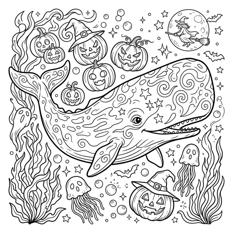 Embark on an unforgettable underwater journey with our Sperm Whale Halloween coloring page, blending marine wonder with spooky seasonal delights. This detailed illustration promises hours of creative fun for all ages, perfect for a unique Halloween celebration.
