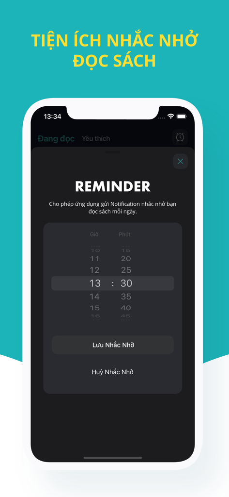 Reading reminder screen of the Vietnamese book app showing a daily notification time picker in dark mode