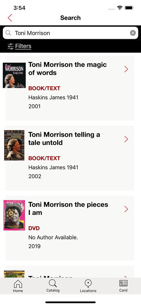 New York Public Library (NYPL) - The search results screen in the New York Public Library app showing titles related to Toni Morrison including books and DVDs