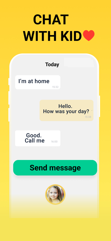 Geopapa: GPS location tracker - Smartphone screen showing the chat feature between a parent and child in the Geopapa app