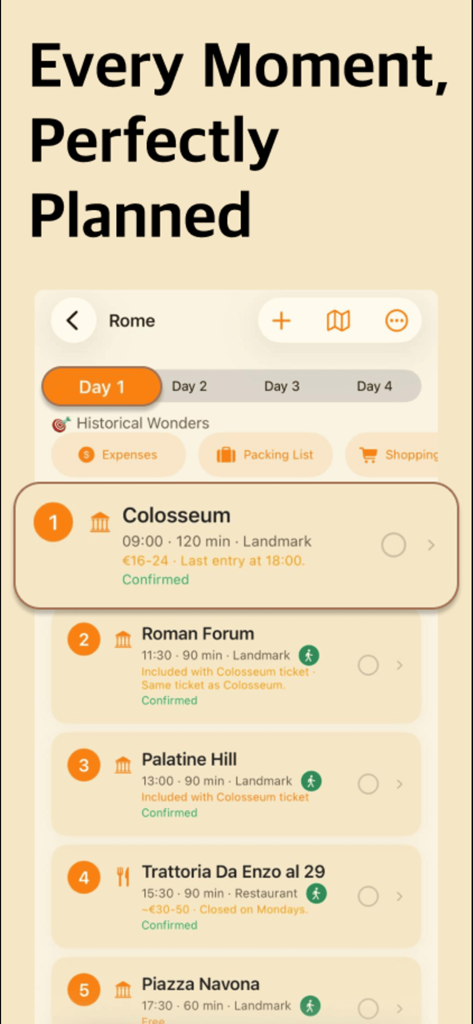 로마 콜로세움과 로만 포럼 방문이 포함된 로마 여행 1일차 여행 일정을 보여주는 모바일 앱 스크린샷