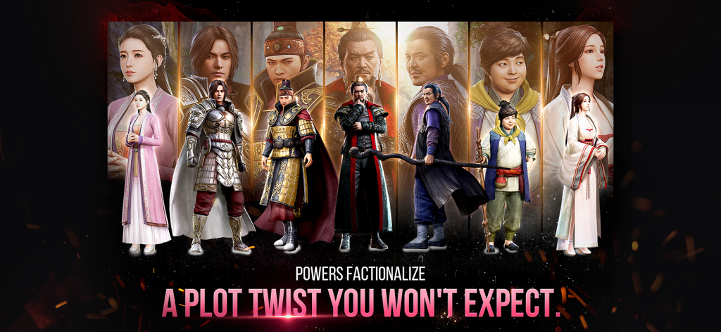 A lineup of seven MIR4 characters in traditional oriental fantasy outfits with text about a plot twist.