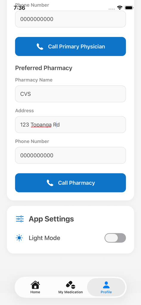 Daily Minder - La pantalla de perfil de la aplicación Daily Minder mostrando campos para información de la farmacia y botones de contacto para un médico y una farmacia.