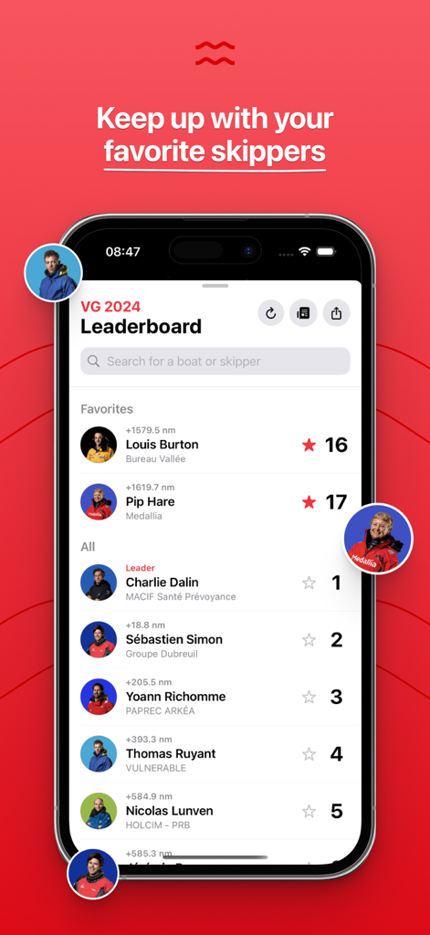 Vendée Live - Real-time leaderboard of skippers in the Vendee Live app showing rankings and nautical mile distances