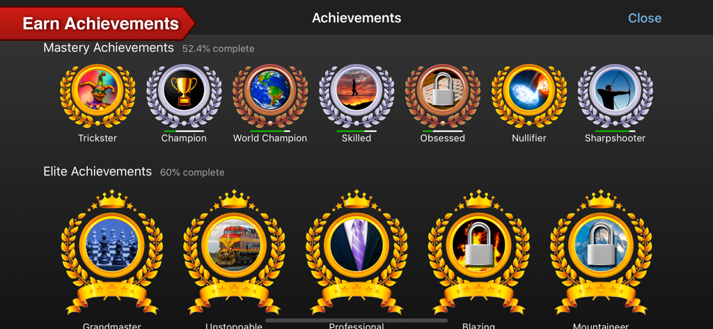 Spades+ - Achievements screen in the Spades plus card game showing various reward badges and progression goals.