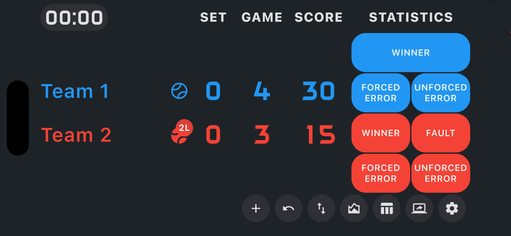 Padel scoreboard - Interface of the Padel scoreboard app showing real-time match score and statistics tracking buttons