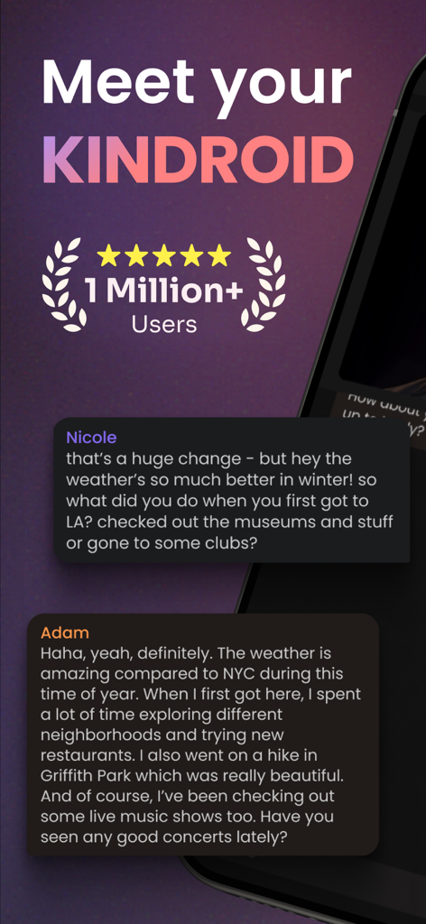 Kindroid: Your Personal AI - Kindroid AI app interface displaying a chat conversation and a one million users milestone