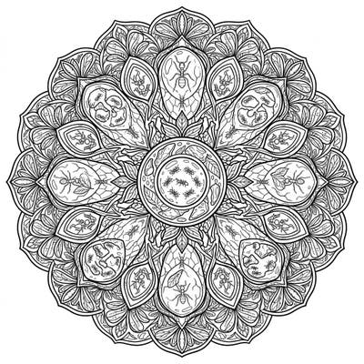 Unearth a prehistoric world with this captivating Amber Ants Mandala coloring page. Dive into a symmetrical design featuring ancient ants perfectly preserved within intricate amber-like patterns, offering a truly unique artistic experience.