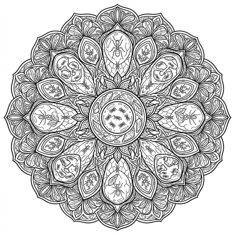 Unearth a prehistoric world with this captivating Amber Ants Mandala coloring page. Dive into a symmetrical design featuring ancient ants perfectly preserved within intricate amber-like patterns, offering a truly unique artistic experience.