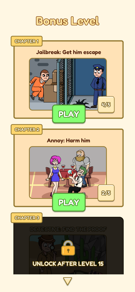 삭제 퍼즐 게임의 보너스 레벨 선택 메뉴 스크린샷으로, 다양한 챕터가 특징입니다.