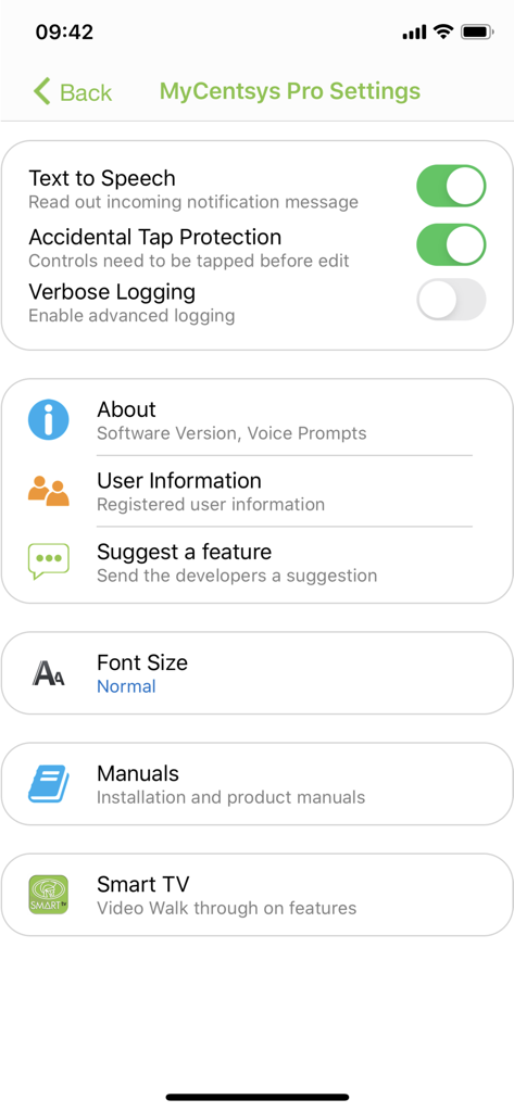 Menu delle impostazioni di MyCentsys Pro che mostra le opzioni di configurazione dell'app e l'accesso ai manuali di installazione