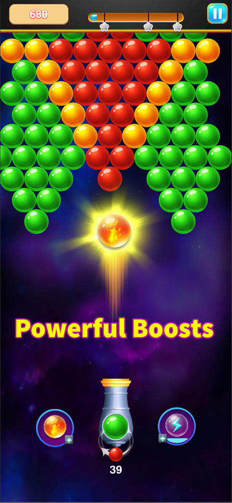 Bubble Shooter - Pop Legend - Una captura de pantalla del juego de Bubble Shooter Pop Legend con un disparo de bola de fuego y el texto Potentes Mejoras.