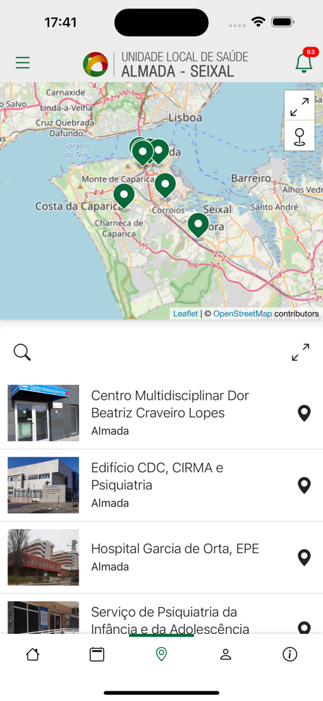 MyULSASアプリ内のさまざまな医療施設の位置を示す地図とリスト