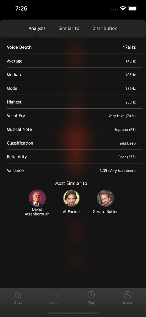 Vocular - Vocular app interface showing voice depth statistics and celebrity matches