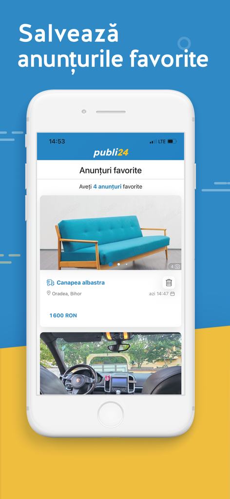 Pantalla de la aplicación móvil Publi24 mostrando una lista de anuncios clasificados favoritos guardados, incluyendo un sofá azul y un coche