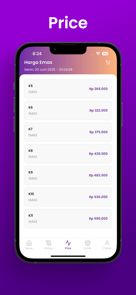 Raja Emas - Raja Emas app screen showing a list of gold prices by karat level