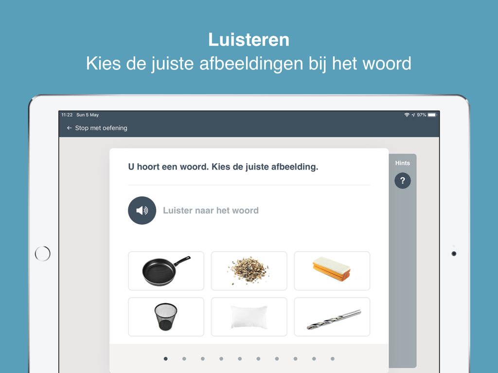Esercizio di ascolto nell'app Afasietherapie su un iPad dove un utente seleziona immagini in base a parole pronunciate.