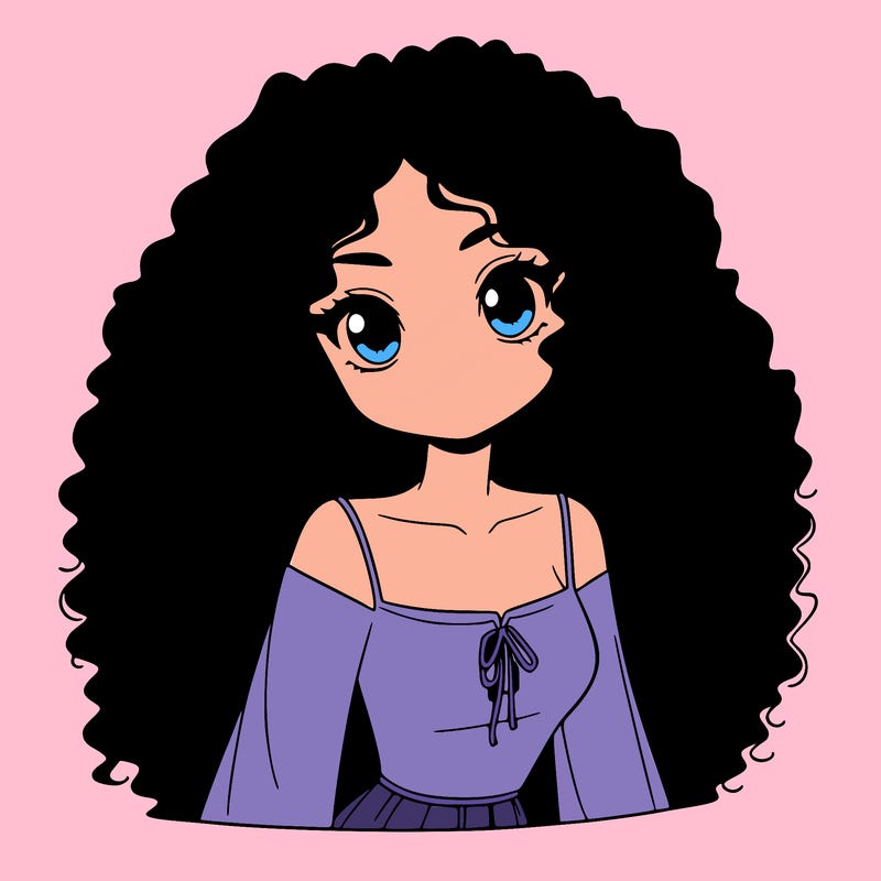 a black anime girl with long afro hair