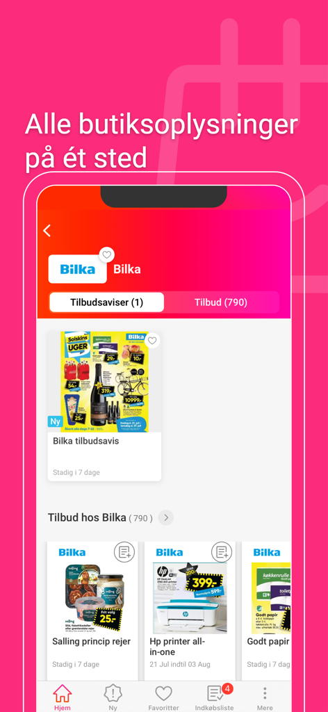 Mobile app screen showing Bilka store circulars and household product deals in Denmark.
