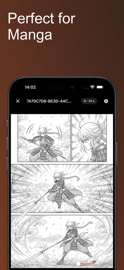 ComicFlow - CBR & CBZ to PDF - ComicFlow app displaying a manga comic with right to left reading mode active on an iPhone screen